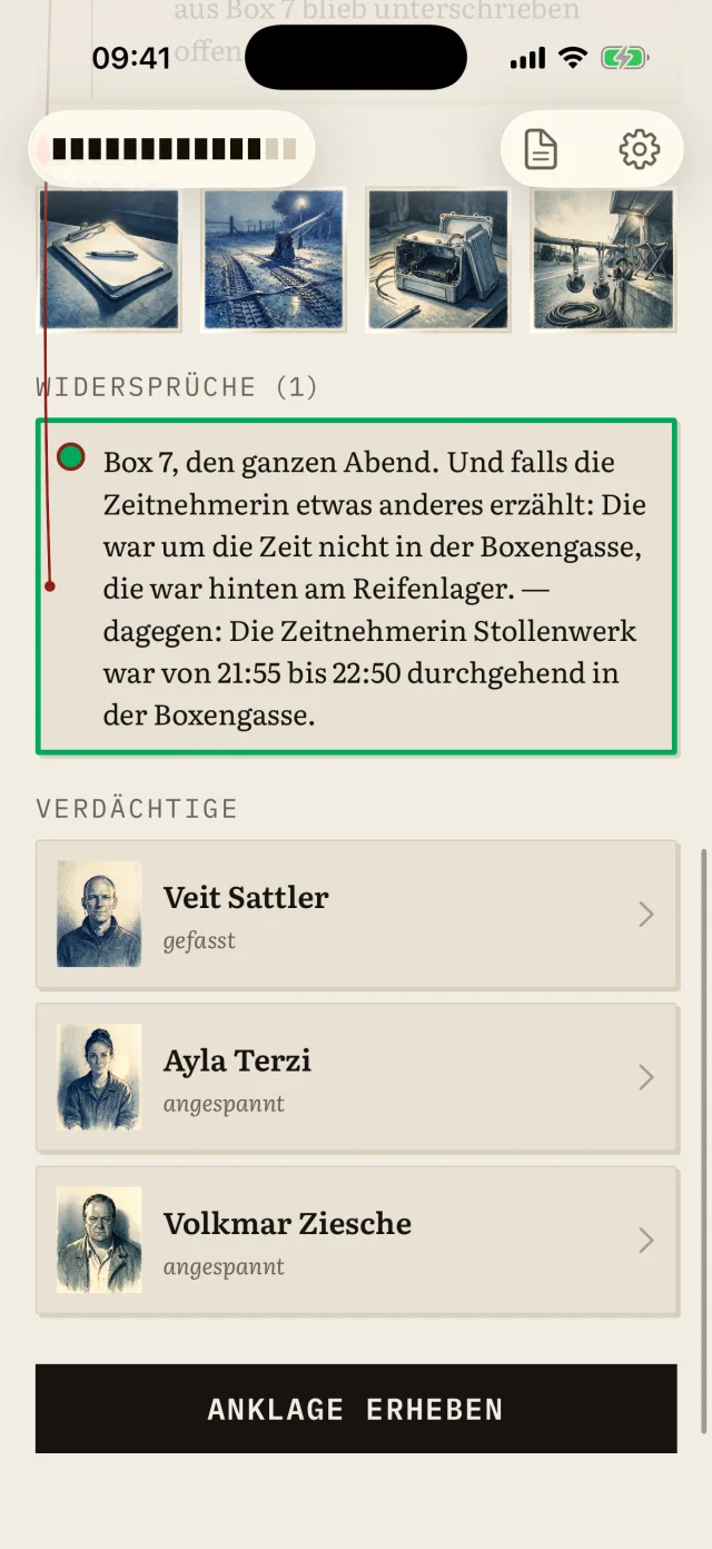Die Tafel: Verdächtige, Fakten und gepinnte Widersprüche mit rotem Faden