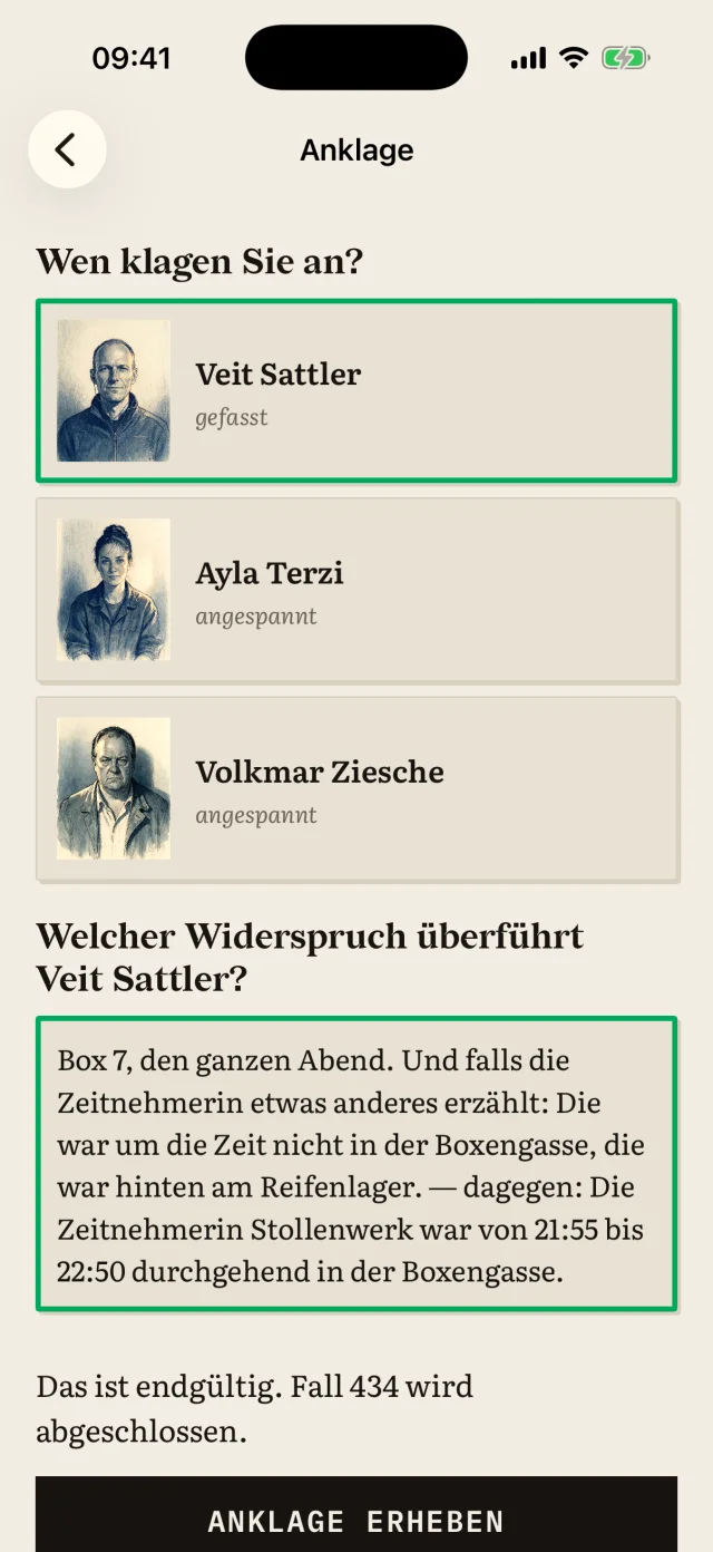 Anklage-Ansicht: Täter und Widerspruch auswählen